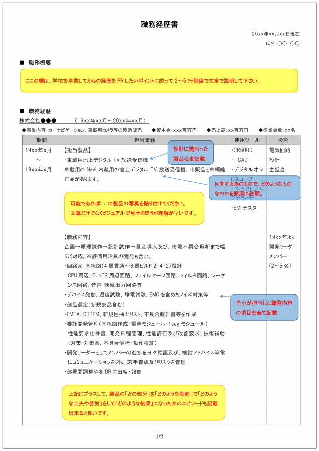 電気電子回路設計技術者の職務経歴書の書き方見本_1ページ目