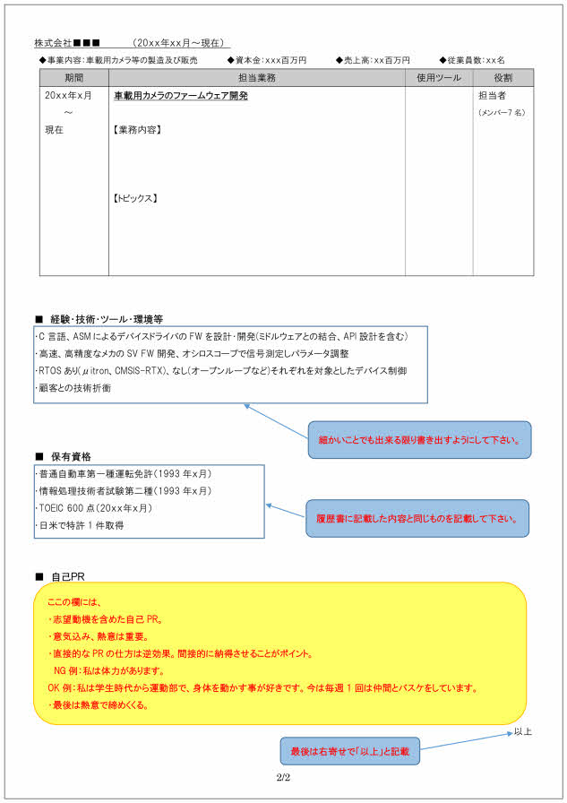 組み込みソフト開発技術者の職務経歴書の書き方見本_2ページ目