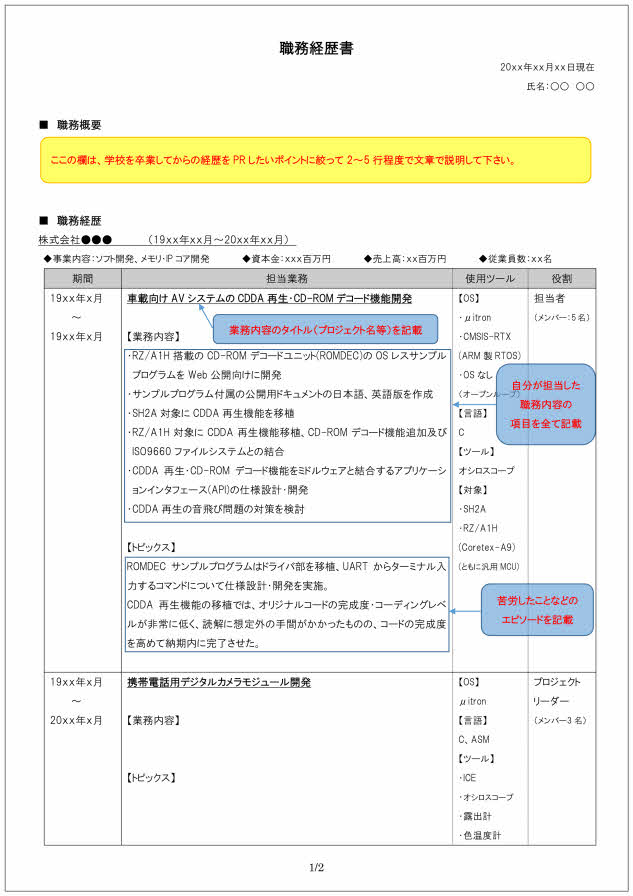 組み込みソフト開発技術者の職務経歴書の書き方見本_1ページ目