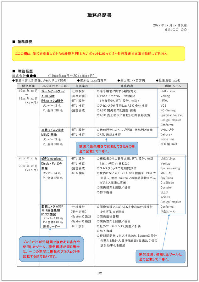 LSI、FPGA等の半導体設計者の職務経歴書の書き方見本_1ページ目